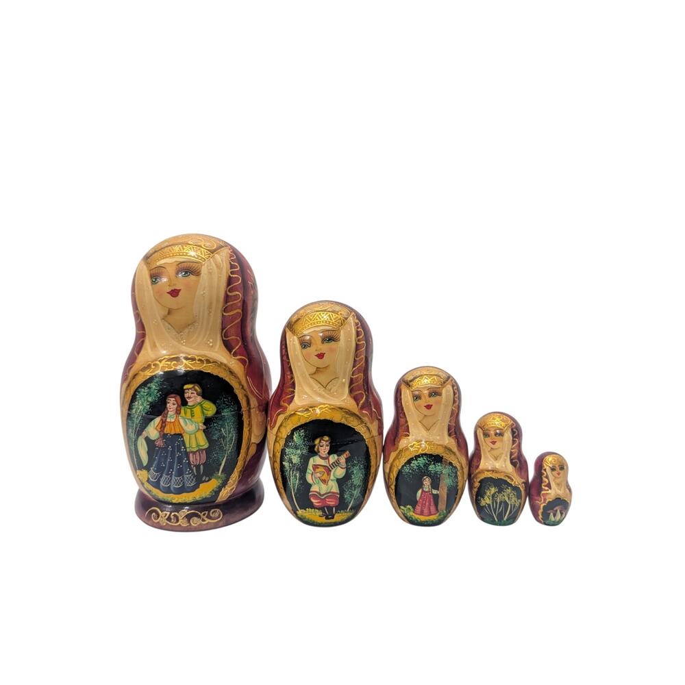 Fairytale Folk-art Handmade Russian Matryoshka Nesting Doll Set 6.5” - 5 Pc Sign